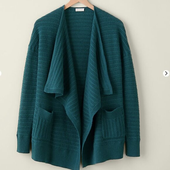 Garnet Hill Drape Front Cabled Cashmere Cardigan Pockets Jade - Picture 1 of 13